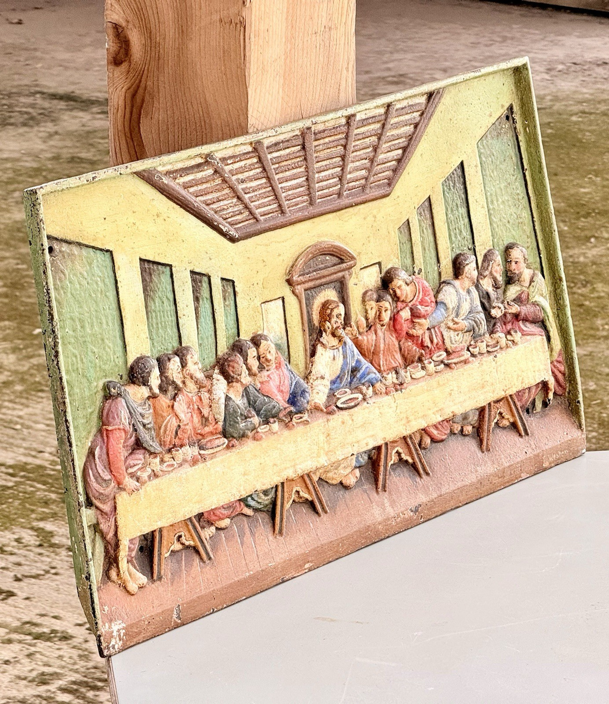 Victorian cast iron Last Supper relief plaque, angled view