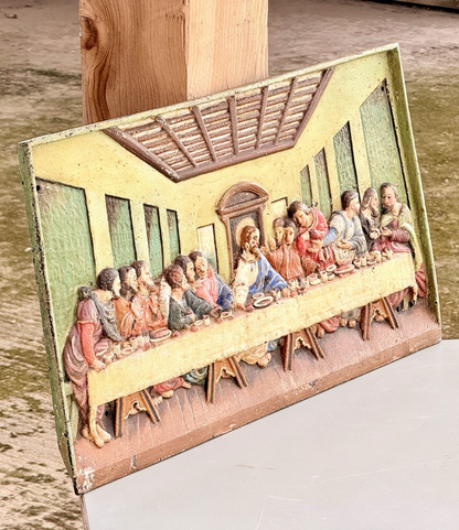 Victorian cast iron Last Supper relief plaque, angled view