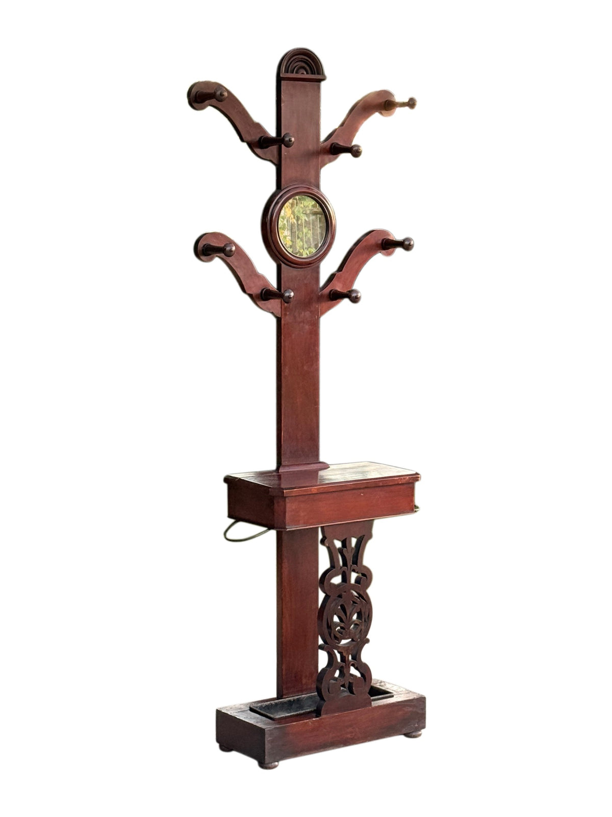 Victorian mahogany hall stand coat tree with circular mirror, glove box and umbrella stand, three-quarter view