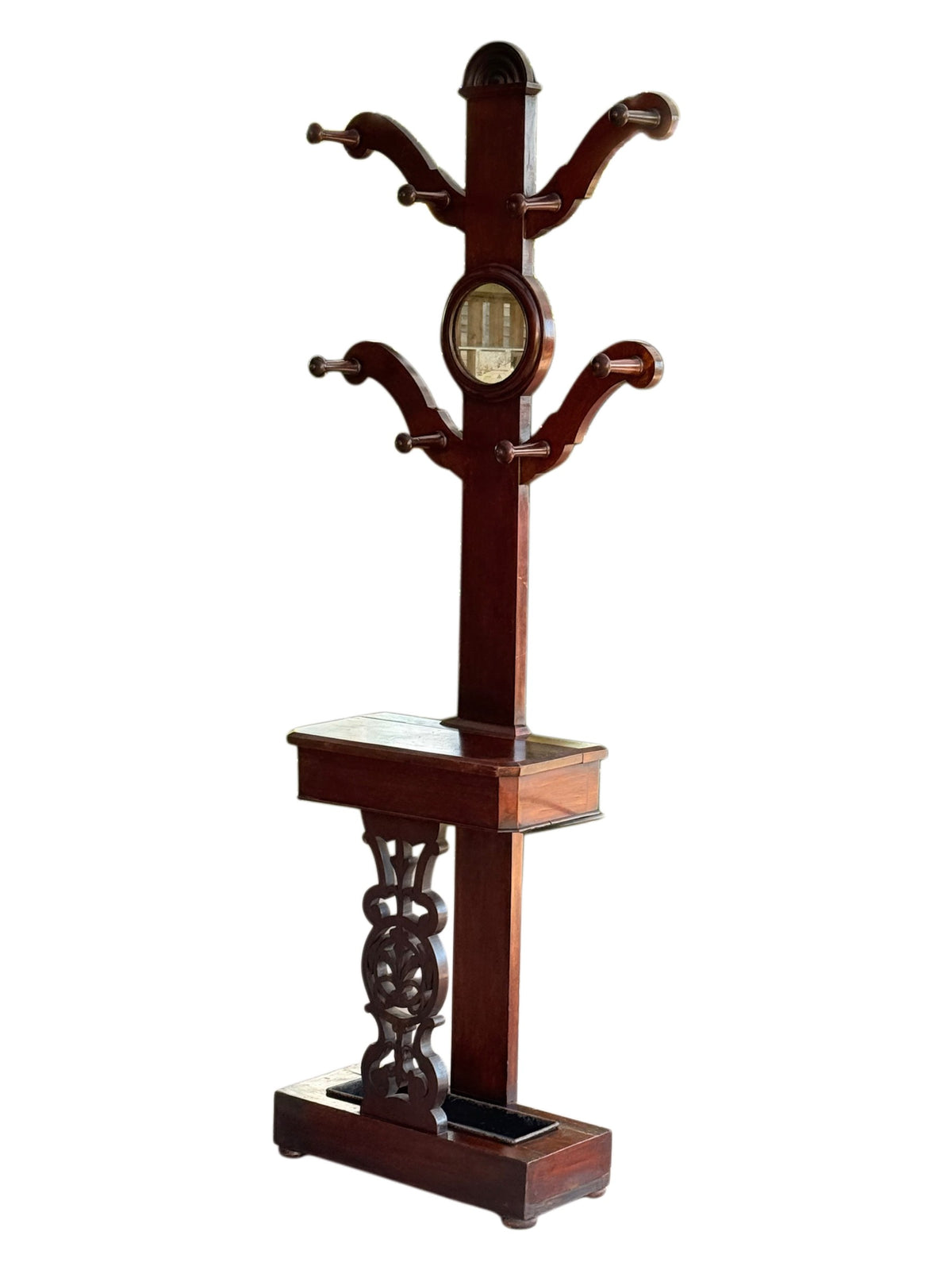 Victorian mahogany hall stand coat tree, side three-quarter view