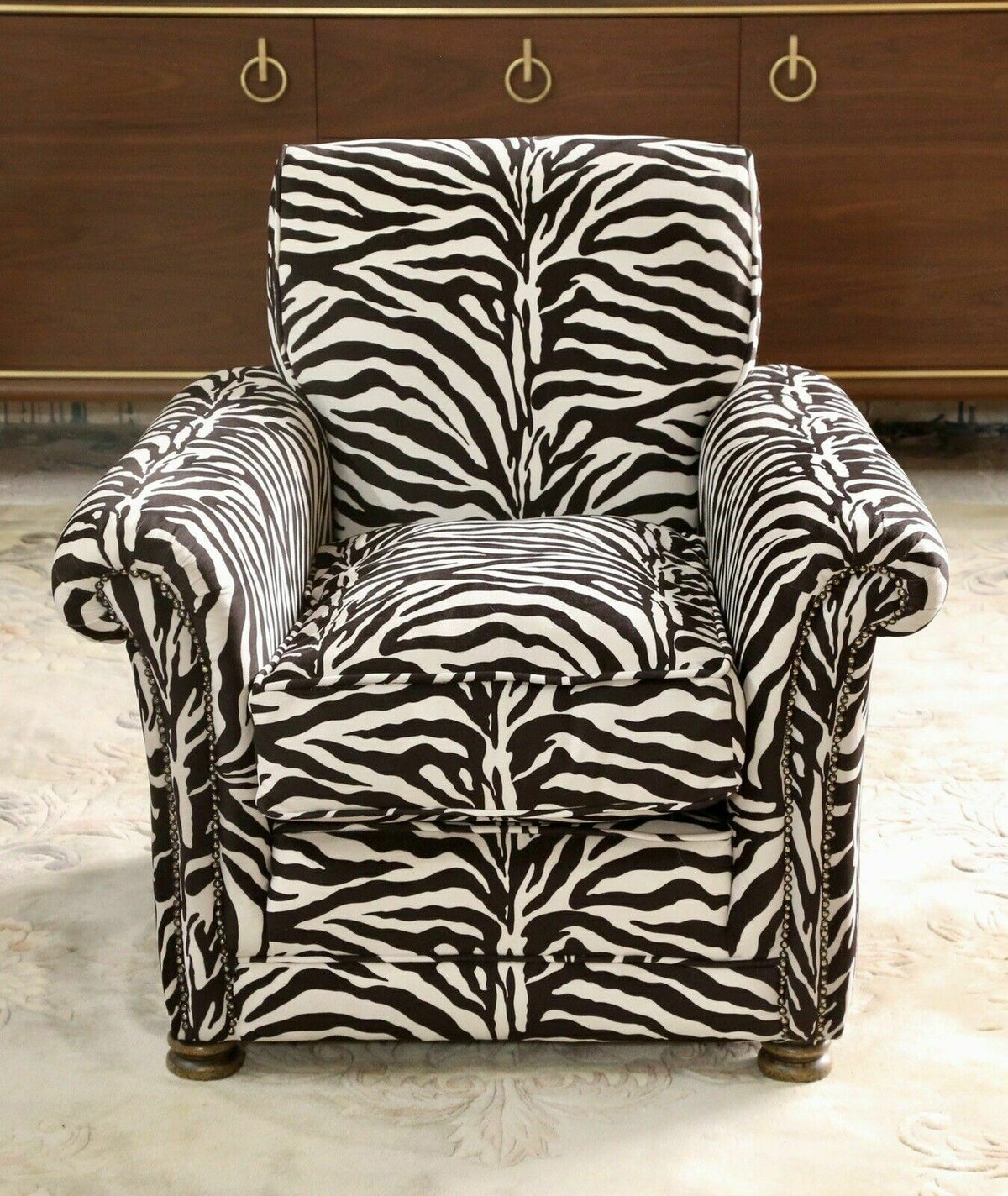 Vintage French zebra print club chair, front view