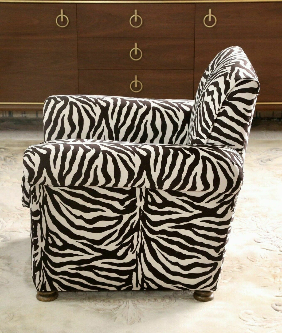 Vintage French zebra print club chair, side view