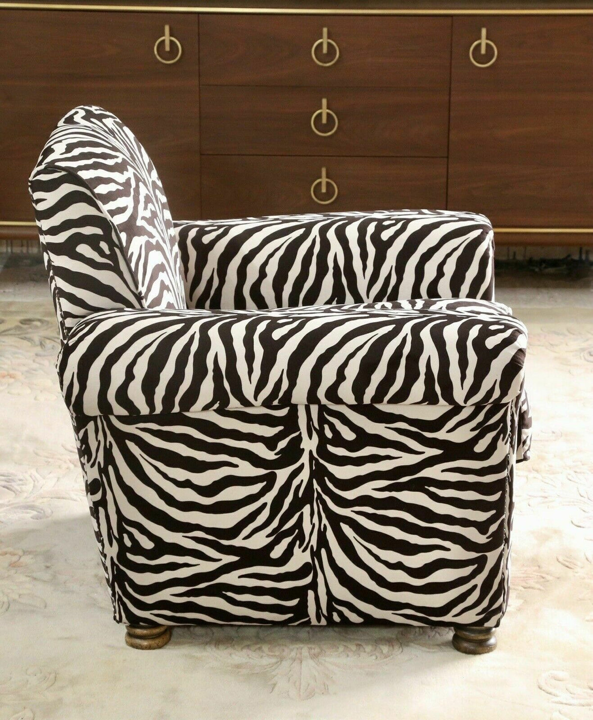 Vintage French zebra print club chair, rear three-quarter view