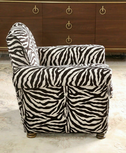 Vintage French zebra print club chair, rear three-quarter view