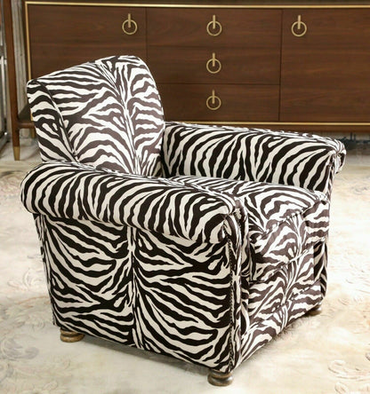 Vintage French zebra print club chair, angled front view