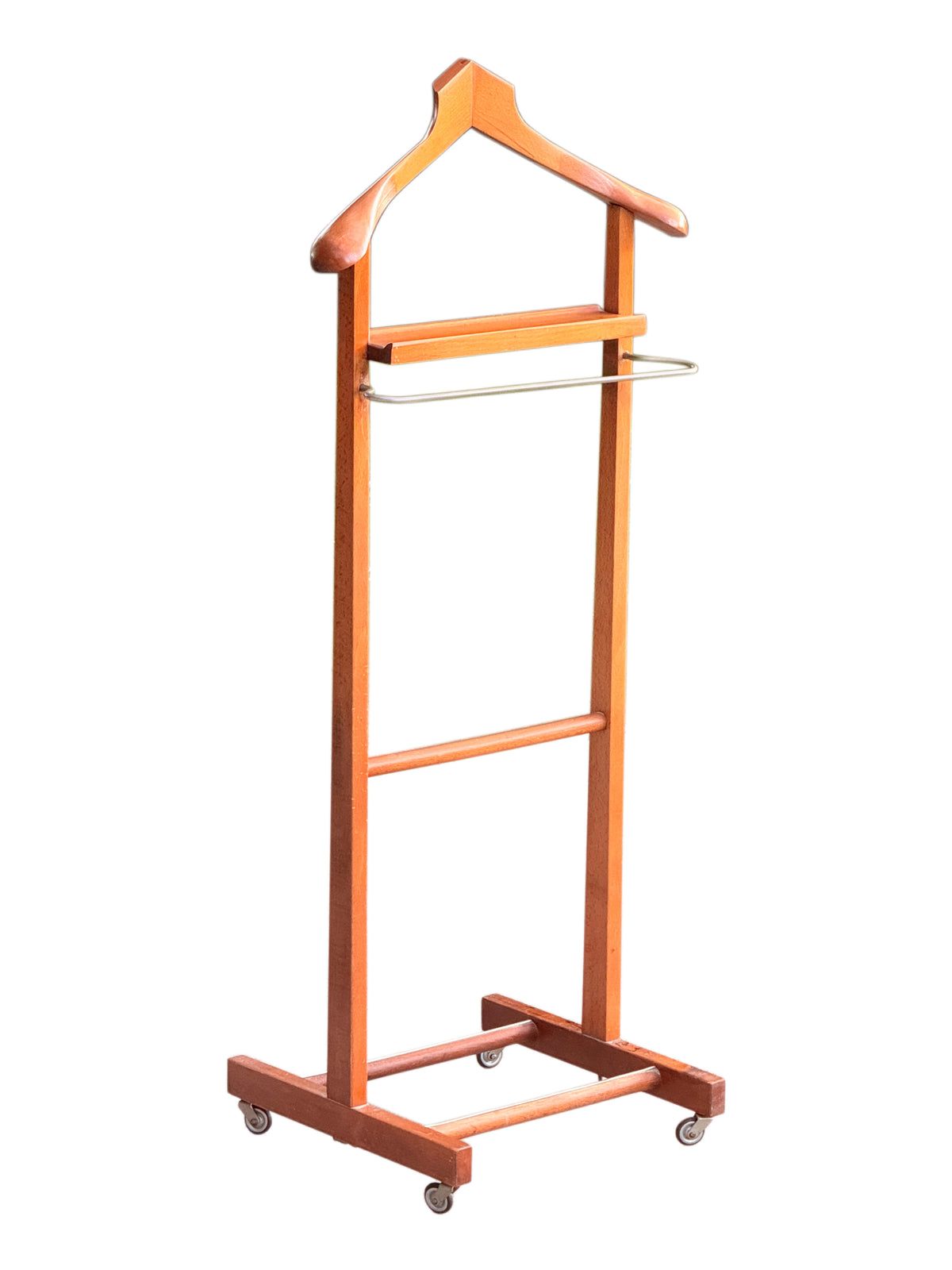 Vintage Italian-style beech valet stand on castors, front view