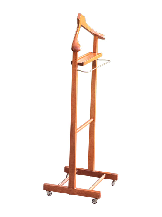 Vintage beech valet stand, three-quarter view showing coat hanger, tray and trouser bar