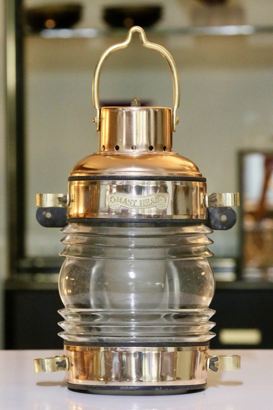Copper and brass nautical ship wall light with Fresnel glass lens, carry handle and side mounting brackets